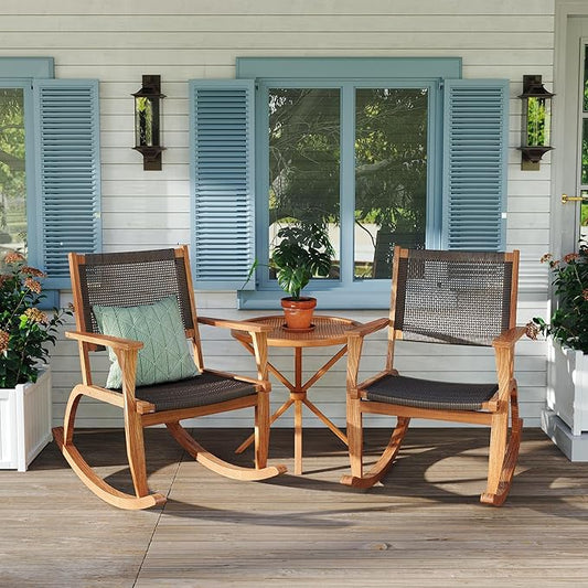 2 Piece Patio Rocking Chair Set, Acacia Wood Outdoor Rockers with PE Rattan Seat and Backrest, Comfortable Garden Porch Chairs for Backyard, Balcony and Poolside, Dark Brown