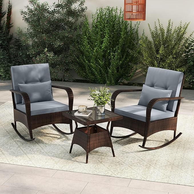 ORALNER 3 Pieces Patio Furniture Set, Outdoor Wicker Rocking Chairs with Cushions, Pillows, Glass Coffee Table, Rattan Bistro Rocker Set for Balcony Front Porch Poolside Garden Deck Yard (Grey)