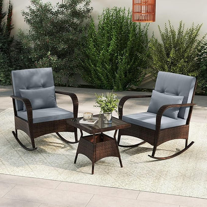 ORALNER 3 Pieces Patio Furniture Set, Outdoor Wicker Rocking Chairs with Cushions, Pillows, Glass Coffee Table, Rattan Bistro Rocker Set for Balcony Front Porch Poolside Garden Deck Yard (Grey)
