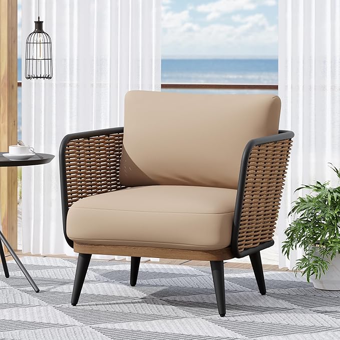 Christopher Knight Home Tobin Patio Wicker Accent Chair, Water-Resistant Cushion,Outdoor Lounge Chair,Woven Faux Rattan Backrest&Armrest,Sturdy Metal Frame Garden/Backyard Armchair,Brown+Black+Beige
