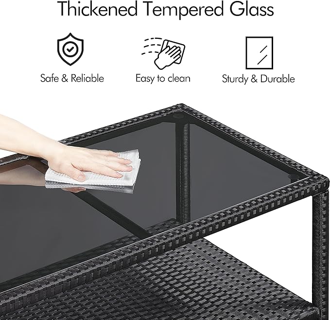 Yaheetech Outdoor Wicker Coffee Side Table, All-Weather Rattan Patio Storage Furniture with Tempered Glass Top for Garden, Black