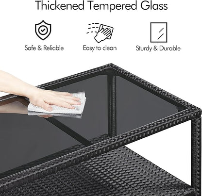 Yaheetech Outdoor Wicker Coffee Side Table, All-Weather Rattan Patio Storage Furniture with Tempered Glass Top for Garden, Black