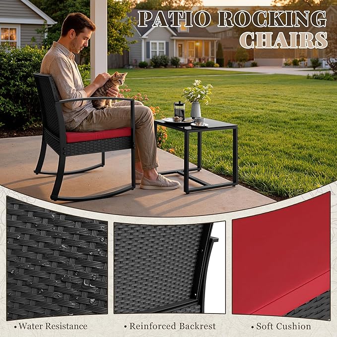 Homall Patio Furniture Set 3 Piece Resin Outdoor Bistro Set Rocking Patio Chairs with Cushions and Table for Porch, Poolside, Balcony and Yard (Red)