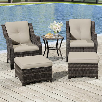 Wicker Patio Furniture Set - 5 Piece Rattan Outdoor Conversation Sets with 2 Wicker Patio Chairs,2 Ottomans, 1 Side Table for Garden, Backyard, Balcony and Deck