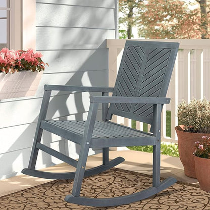 Eyely KCR100B Ted Modern Chevron-Back 300-Lbs Support Acacia Wood Patio Outdoor Rocking Chair for Garden, Lawn, Backyard, Pool, Deck, Beach, Firepit, Gray