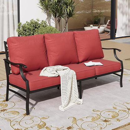 Metal Patio Furniture Sofa with 5.75" Extra Thick Waterproof Cushion, 3-Seater Deep Seat & High-Back Outdoor Couch All Weather Outdoor Seating for Backyard Deck Front Porch, Rust Red