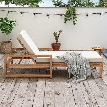 Outdoor Lounge Chairs, 6-Position Patio Chaise Lounge with Cushion & Adjustable Backrest for Backyard, Deck, Pool and Lawn (1, Light Teak-A)