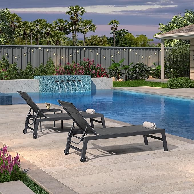 PURPLE LEAF Outdoor Patio Chaise Lounge Chair Set of 2 Chair with Rolling Wheels Lounge Chair for Patio Poolside Garden Grey