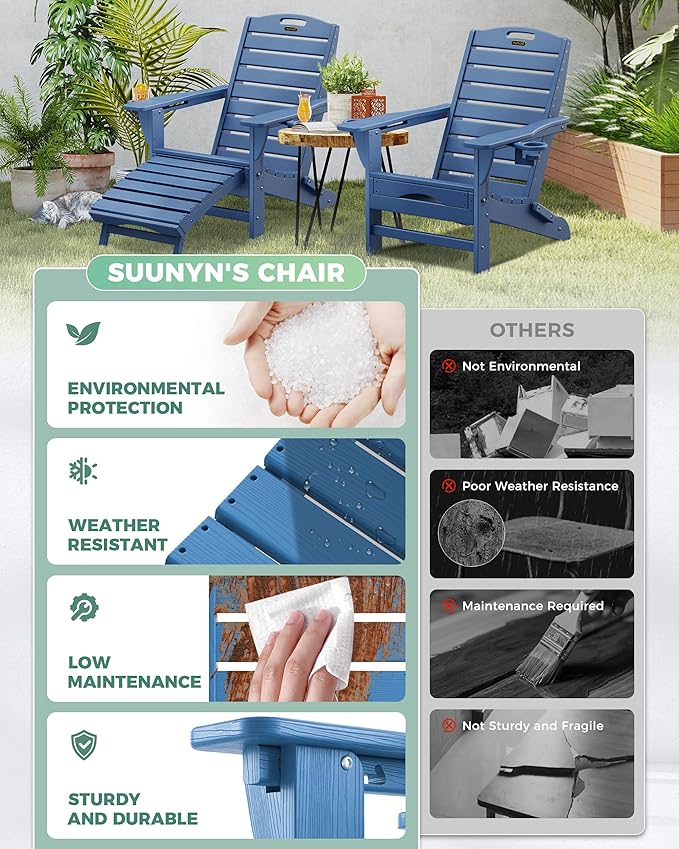 Folding Adirondack Chair with Retractable Ottoman Weather Resistant Fire Pit Chair Patio Chair with 2 Cup Holder Lawn Outdoor Lounge Chair (Navy Blue)