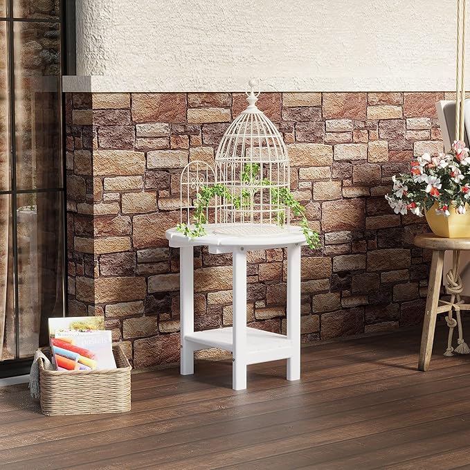 Sundale Outdoor 18" Round Side Table, Patio Water Proof Adirondack Small End Table HDPE Water Resistant 2 Tier Round Outside for Pool, Garden, Beach, White