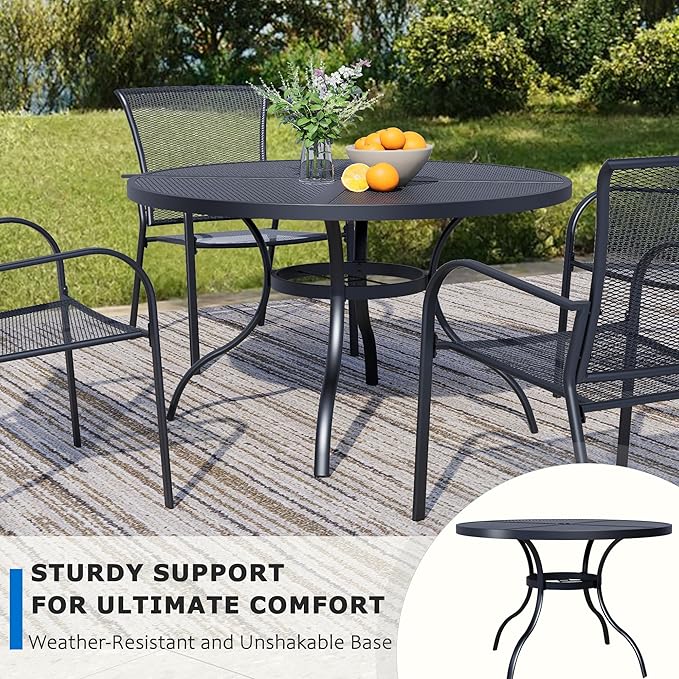 47'' Outdoor Patio Dining Table with Adjustable Umbrella Hole, Mesh Tabletop Round Table, Heavy Duty 400lbs Capacity, for Deck, Balcony, Bistro, Black