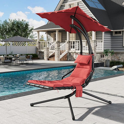 Hanging Chaise Lounge Swing Chair, Hanging Curved Chaise Lounge Chair Umbrella, Curved Steel Hammock Lounger Chairs for Outdoor Indoor Patio Pool Garden Backyard Porch