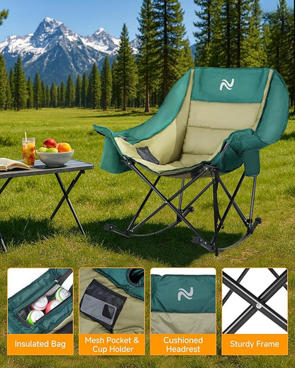 Slsy Oversized Rocking Camping Chair for Adults, 400 lbs Heavy Duty Padded Recliner with Side Pocket, Cup Holder & Carry Bag, Foldable Outdoor Lawn Chair for Patio, Backyard, or Camp
