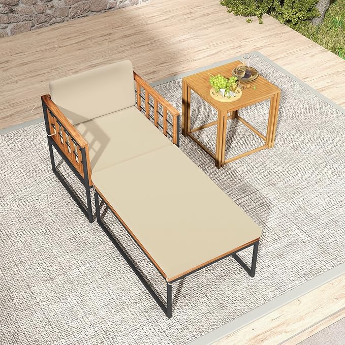 Tangkula Outdoor Chaise Lounge Chair, Acacia Wood Heavy Duty 1200 lbs Weight Capacity Wooded Patio Chair and Ottoman Set for Backyard, Poolside, Garden Deck or Balcony