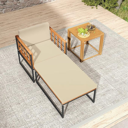 Tangkula Outdoor Chaise Lounge Chair, Acacia Wood Heavy Duty 1200 lbs Weight Capacity Wooded Patio Chair and Ottoman Set for Backyard, Poolside, Garden Deck or Balcony