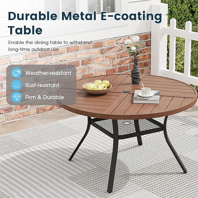 Patio Dining Table for 4, Round Metal Outdoor Table with Storage Shelf, 1.57" Umbrella Hole, 41" Outdoor Quartered Tabletop Dining Table for Backyard, Porch, Lawn, Walnut