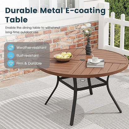 Patio Dining Table for 4, Round Metal Outdoor Table with Storage Shelf, 1.57" Umbrella Hole, 41" Outdoor Quartered Tabletop Dining Table for Backyard, Porch, Lawn, Walnut