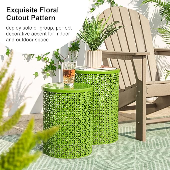 Glitzhome Outdoor Side Table Set of 2, Decorative Garden Stool for Patio Heavy Duty Metal Frame Accent Table Modern End Table, Glossy Green