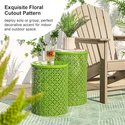 Glitzhome Outdoor Side Table Set of 2, Decorative Garden Stool for Patio Heavy Duty Metal Frame Accent Table Modern End Table, Glossy Green