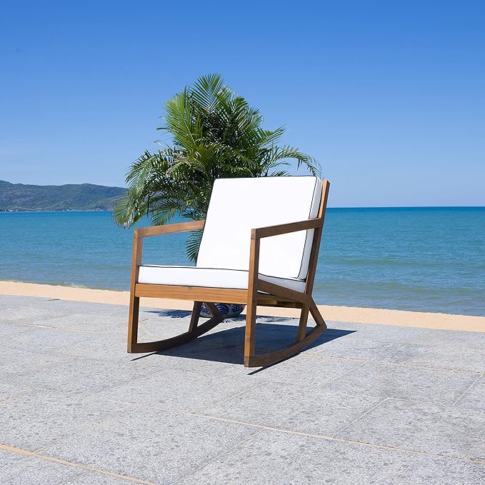 SAFAVIEH Outdoor Collection Vernon Natural/Beige Cushion with Black Piping Rocking Chair