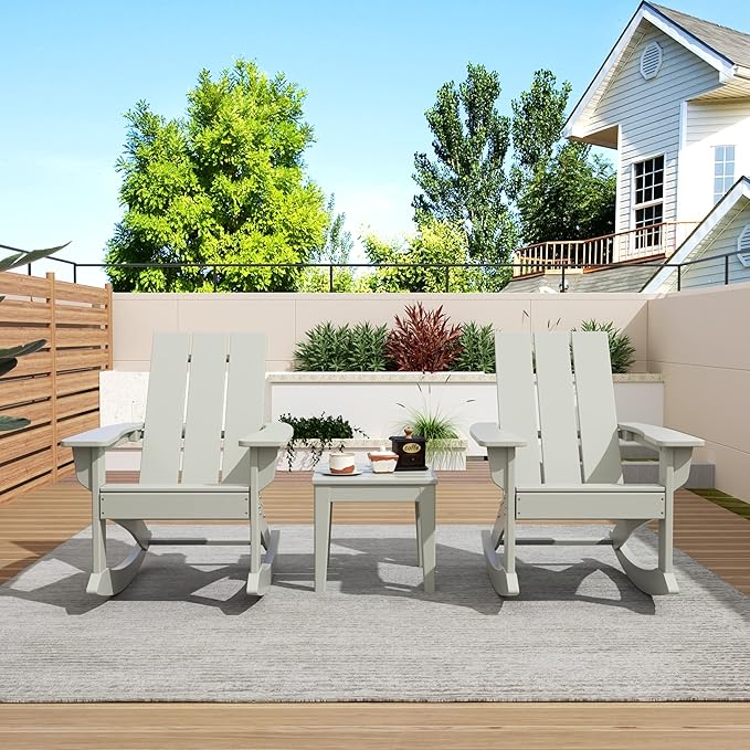 WO WESTIN OUTDOOR HDPE Shoreside Modern Rocking Poly Adirondack Chair (Set of 2),Sand