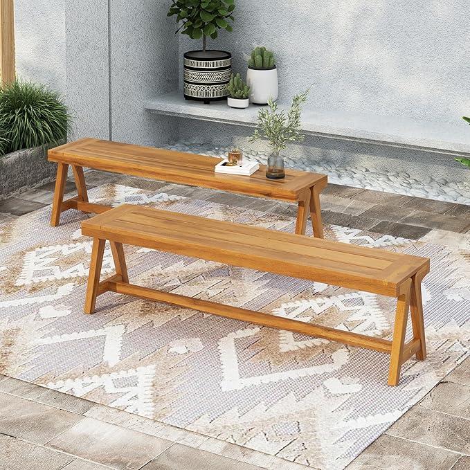 Goujxcy 2-Pack Outdoor Bench Patio Garden Bench, 63'' Outside Chair with Slatted Seat, Wood Frame, Dining Bench Chair for Yard, Park, Balcony