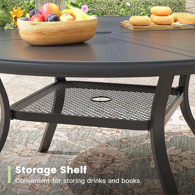 Outdoor Patio Round Dining Table for 4, 40.7" x 40.7" Sleek Aluminum Dining Table with Umbrella Hole for Backyard Garden Lawn Deck, Black
