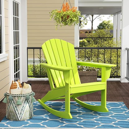 Costaelm Outdoor Adirondack Chair, All Weather Resistant Lawn Chairs Balcony Chair and Fire Pit Chairs, Deck Chairs Outdoor Porch Rocking Chair High Back HDPE Poly Lumber, Lime