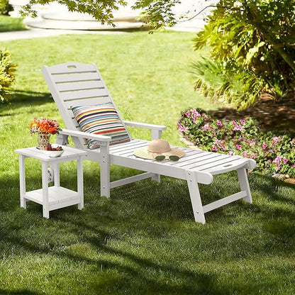 LUE BONA Lounge Chair Outdoor with Table, 2-Piece, HDPS Chaise Lounge Outdoor with Wheels, 5 Positions Adjustable Pool Lounger Chairs for Outside, Patio, White
