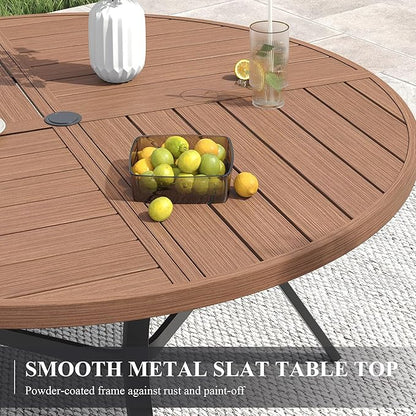 VICLLAX 63" Round Patio Table with Umbrella Hole, All Weather Metal Outdoor Dining Table for 8-10, Outside Table for Lawn Garden, Walnut Wood-Grain Finish