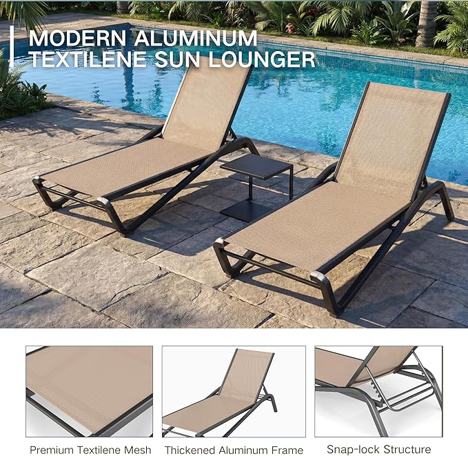 Kingdura Chaise Lounge Chair for Pool, Aluminum Outdoor Lounge Chairs with 5 Positions Recliner - Photo 5