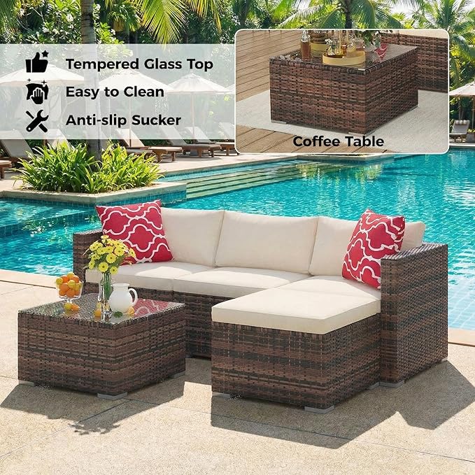 5-Piece Patio Sectional Sofa Set, All-Weather Brown PE Rattan Outdoor Conversation Furniture with Neutral-Tone Cushions - Photo 4