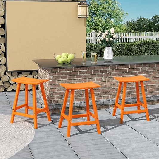 Costaelm All-Weather Bar Stools Set of 3, 24" Height Outdoor Bar Stools, Adirondack Poly Patio Bar Stool for Patio, Deck, Kitchen Counter and Garden, Orange