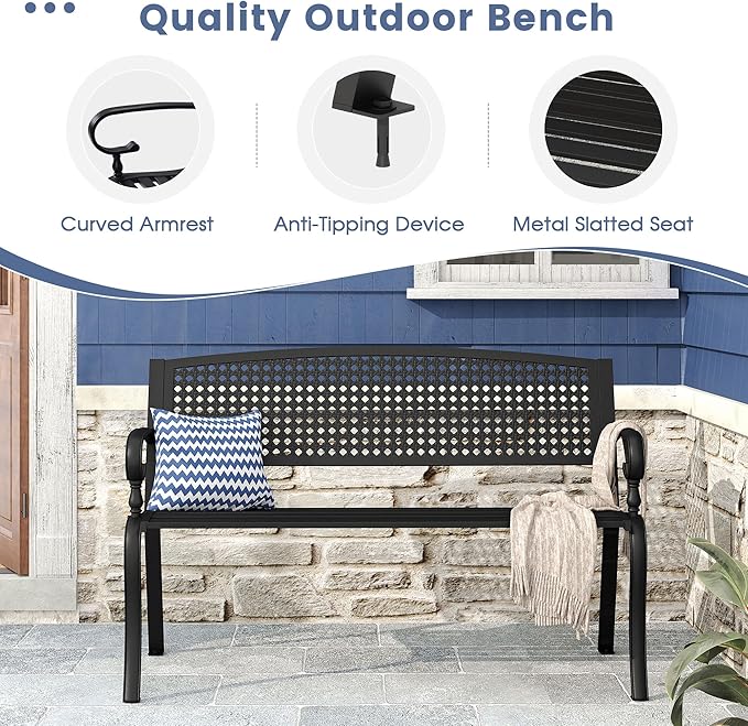 DIFY Outdoor Metal Bench with Back, Garden Bench Front Porch Bench with Curved Armrests for Park, Lawn, Yard, Black