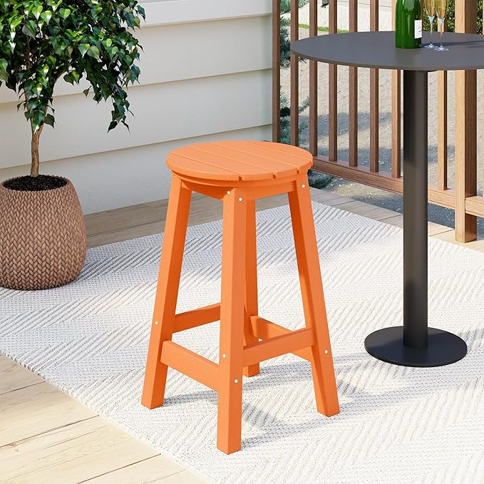 Costaelm 24" Height Outdoor Bar Stools, All-Weather Bar Stools, Adirondack Poly Patio Round Bar Stool for Patio, Deck, Kitchen Counter and Garden, Orange