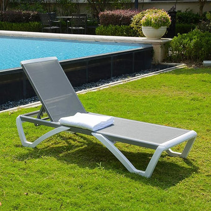 Domi Outdoor Chaise Lounge, Adjustable Aluminum Patio Lounge, Plastic Pool Lounge Chair for Deck Lawn Backyard (1 Grey Chair W/O Table)