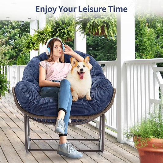 HOMEFUN Outdoor Patio Rocking Chairs, Oversized Papasan Rock Chair Indoor with Striped Velvet Padded Cushion - Rocker Egg Seat for Front Porch, Garden, Patio, Backyard Navy