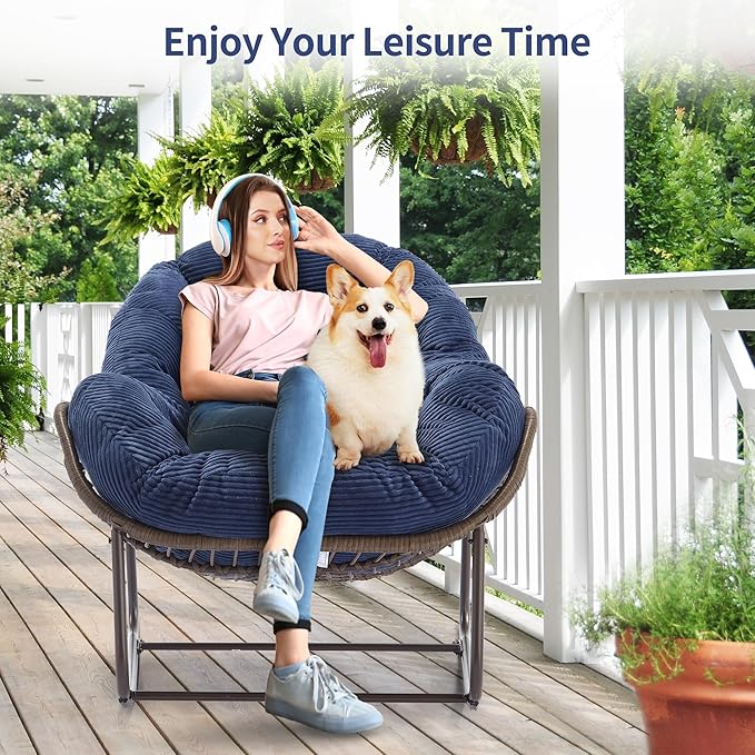 HOMEFUN Outdoor Patio Rocking Chairs Set of 2, Oversized Papasan Rock Chair Indoor with Striped Velvet Padded Cushion - Rocker Egg Seat for Front Porch, Garden, Patio, Backyard Navy