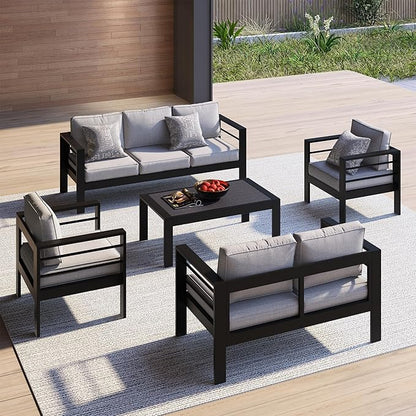 All-Weather Aluminum Outdoor Coffee Table, Modern Rectangle Patio Coffee Table for Balcony Garden, Black
