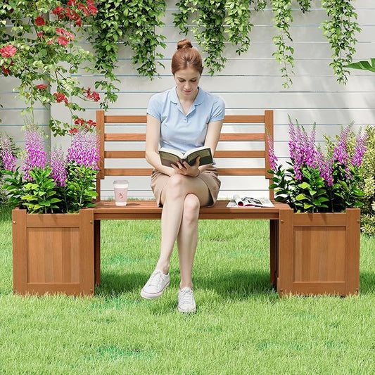 Giantex 2-in-1 Outdoor Bench with Backrest & 2 Raised Garden Beds, Wood with Teak Oil Finish, Planter Boxes with Open-Ended Base, Garden Bench Seat for Porch Balcony Lawn Yard, DIY Assembly