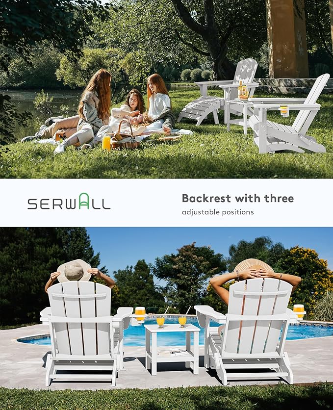 SERWALL 5-Piece Adirondack Chair and Ottoman and Table Set, White - Photo 6