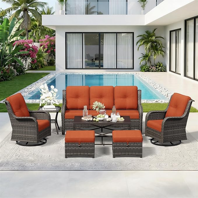 7 Piece Outdoor Wicker Patio Furniture Set, Outdoor Swivel Rocker Patio Chairs Set with Thickened Olefin Cushions - Photo 9