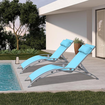 Domi Lounge Chair Set of 2, Aluminum Lounge Chairs for Outside with 5 Adjustable Positions, Chaise Lounge Outdoor for Pool, Garden, Beach, Camping, Backyard(Turquoise Blue)
