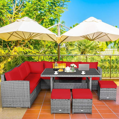 COSTWAY 7 PCS Wicker Outdoor Conversation Set, Patio Sectional Furniture Sofa Set with Table & Seat Cushions, Rattan Furniture Sets for Backyard Garden Poolside Porch, Red