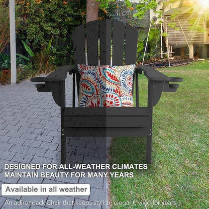 Sundale Outdoor Folding Water & Wind Proof Adirondack Chair with 2 Concealable Cup Holder and 1 Stylish Cushion/Pillow, Perfect for Outside Patio Garden Pool Yard Plastic Classic Black