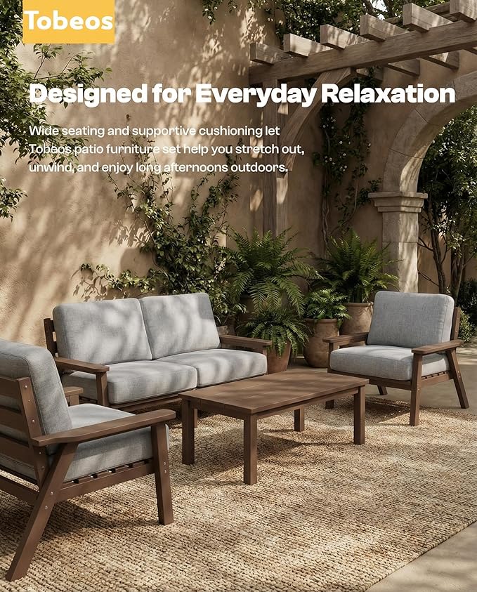 HDPE Patio Furniture Set with Cantilever Umbrella, Outdoor Couch with Washable Thick Gray Cushions & Tables, Outdoor Sectional Furniture for Deck, Lawn, Porch (Brown Frame)