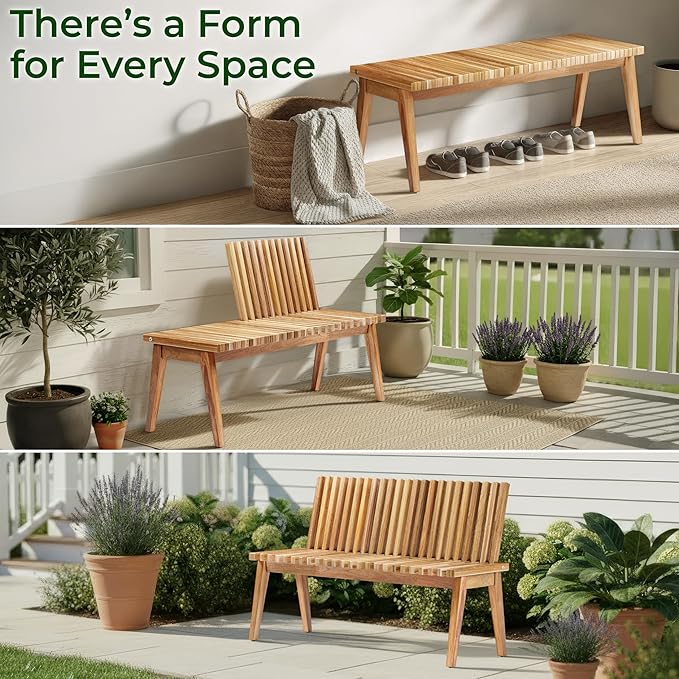 Melino Convertible Slat Bench, 3-in-1 Bench to Table to Chair, FSC Acacia Solid Wood for Indoor Outdoor - Patio, Entryway, Living Room, Guest Room - Easy Assembly, 47 Inch