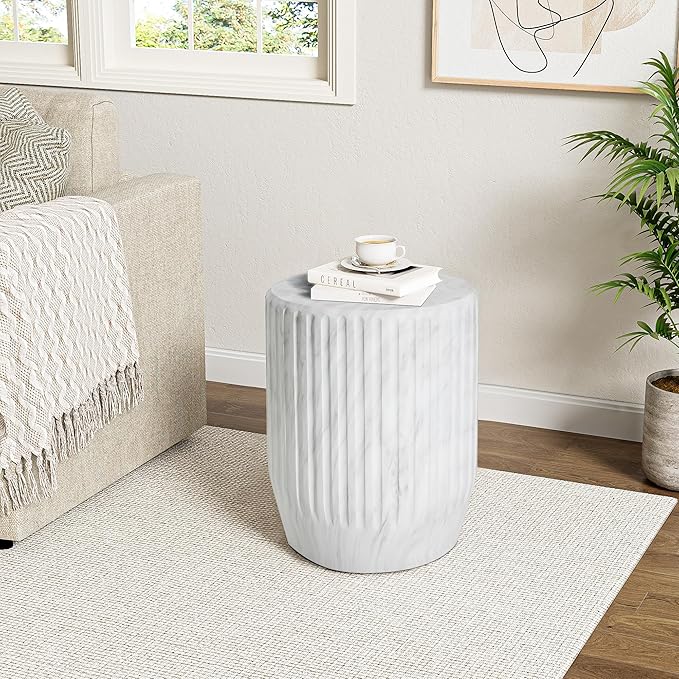 Christopher Knight Home Jayme Lightweight Concrete End Table, Outdoor Cylinder Side Table, Gear-Shaped Accent Garden Stool, Decorative Small Coffee Desk for Balcony Garden Living Room, 18.25" H White