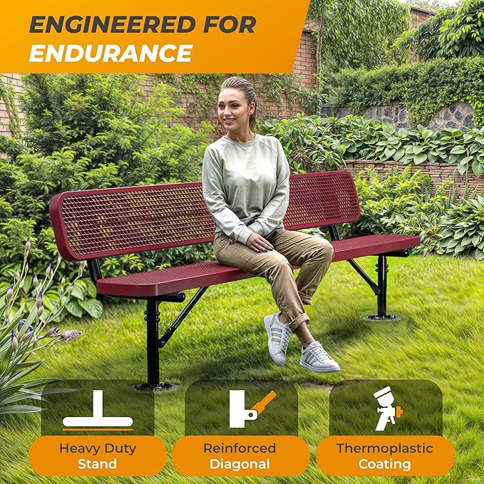 Heavy-Duty Outdoor Metal Bench, Thermoplastic-Coated, Surface, Weatherproof, Commercial-Grade for Parks, Gardens, Patios, Stores & More (8 Ft - Surface with Back, Red)