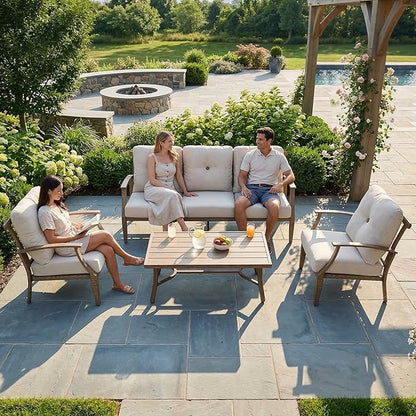 Outdoor Aluminum Conversation Sofa Set, 4-Piece Patio Sofa with Zippered Cushion and Coffee Table, for Porch Garden Backyard Balcony and Poolside, Beige